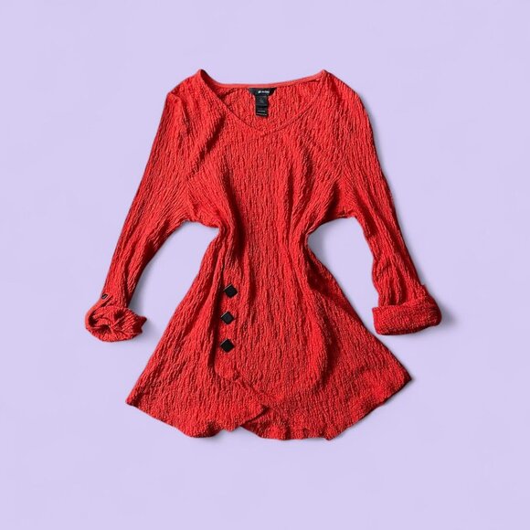 Vintage Red Textured Tunic Top Ali Miles L Asym Hem Oversized Button Boho Artsy - Picture 1 of 6